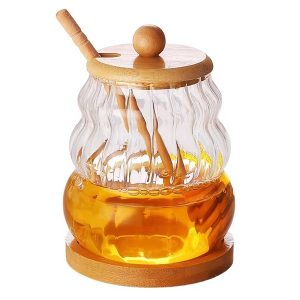 Glass Honey Dispenser Jar with Wide Mouth and Holder
