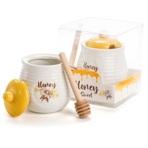 Ceramic Honey Pot with Wooden Dipper Serving Set
